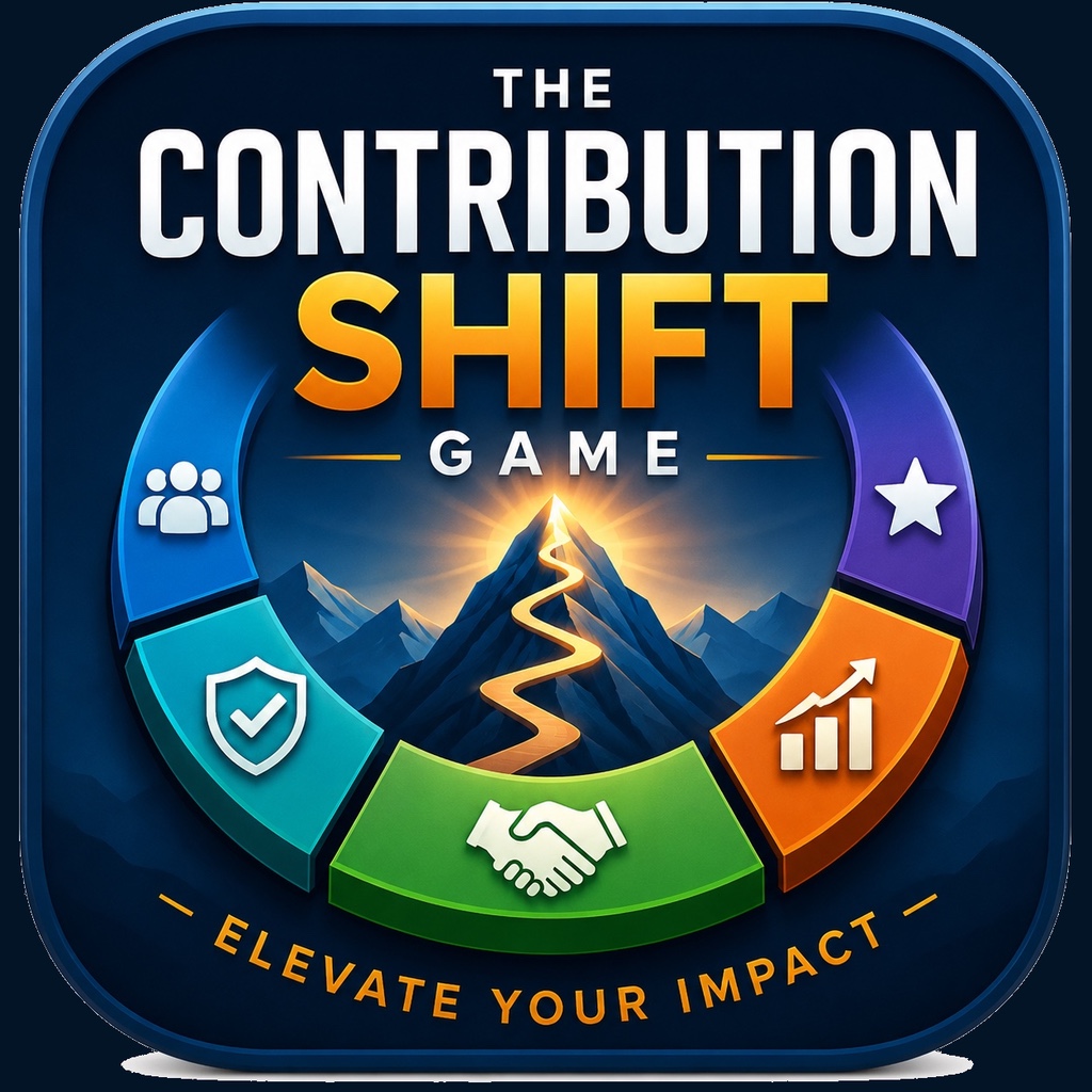 The Contribution Shift Game app icon showing a mountain, leadership symbols and the words Elevate Your Impact