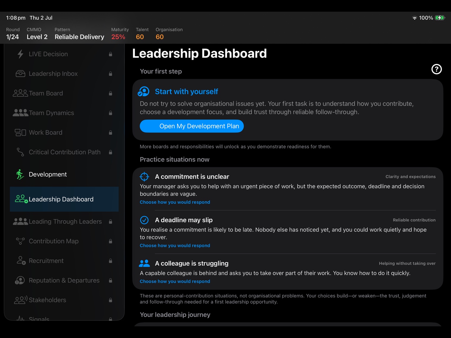 ContributionShift Live Leadership Dashboard with development and practice situations