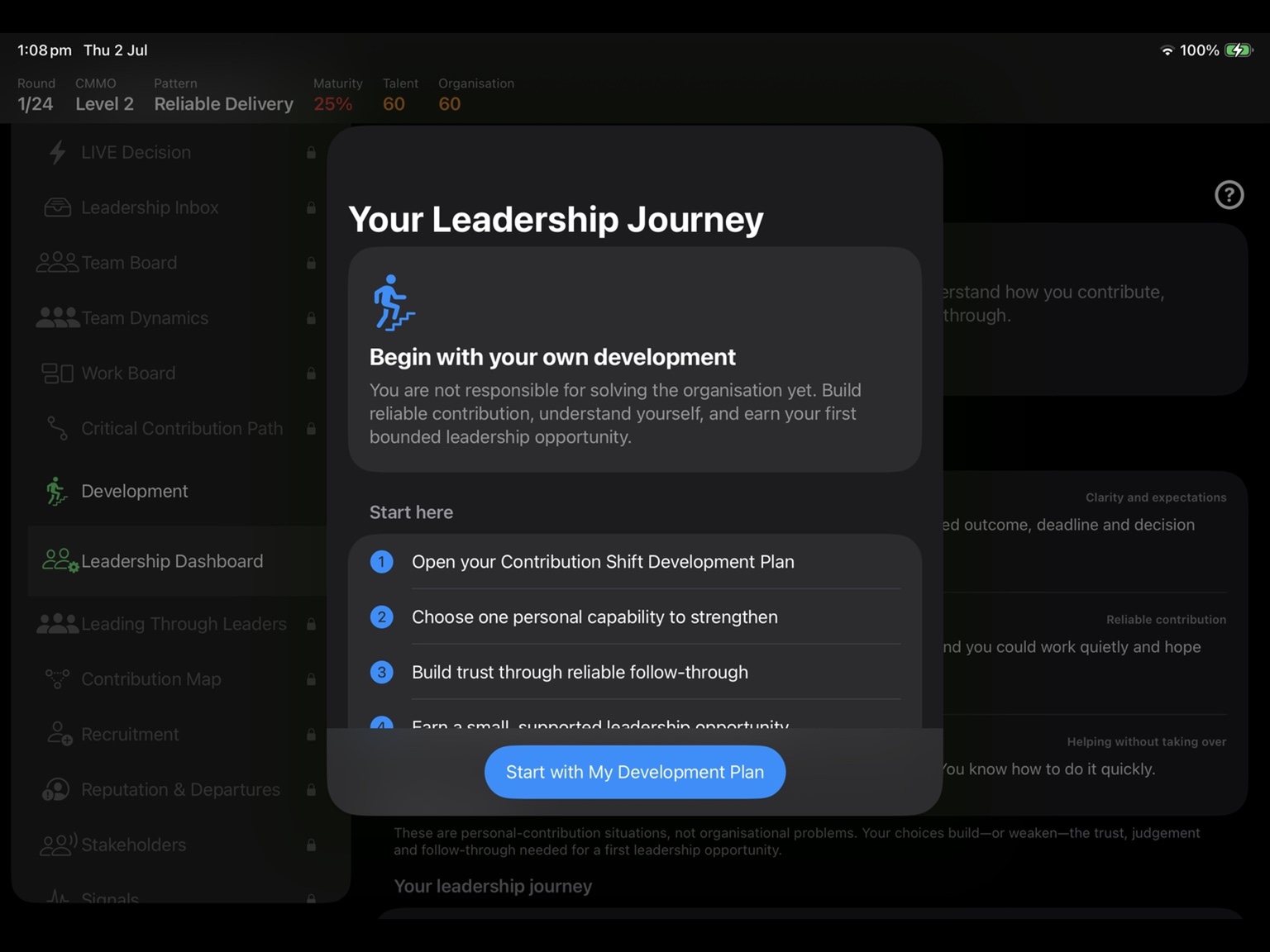 ContributionShift Live leadership journey guidance screen